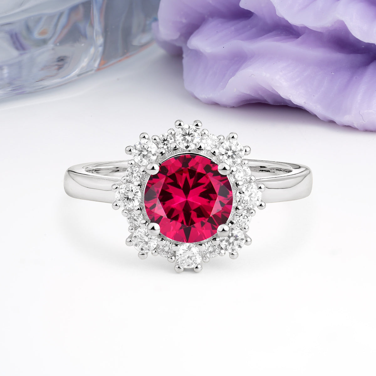Unique Pavé-Set, Luxurious 4-Prong Round-Cut Ruby Engagement Ring - Additional view