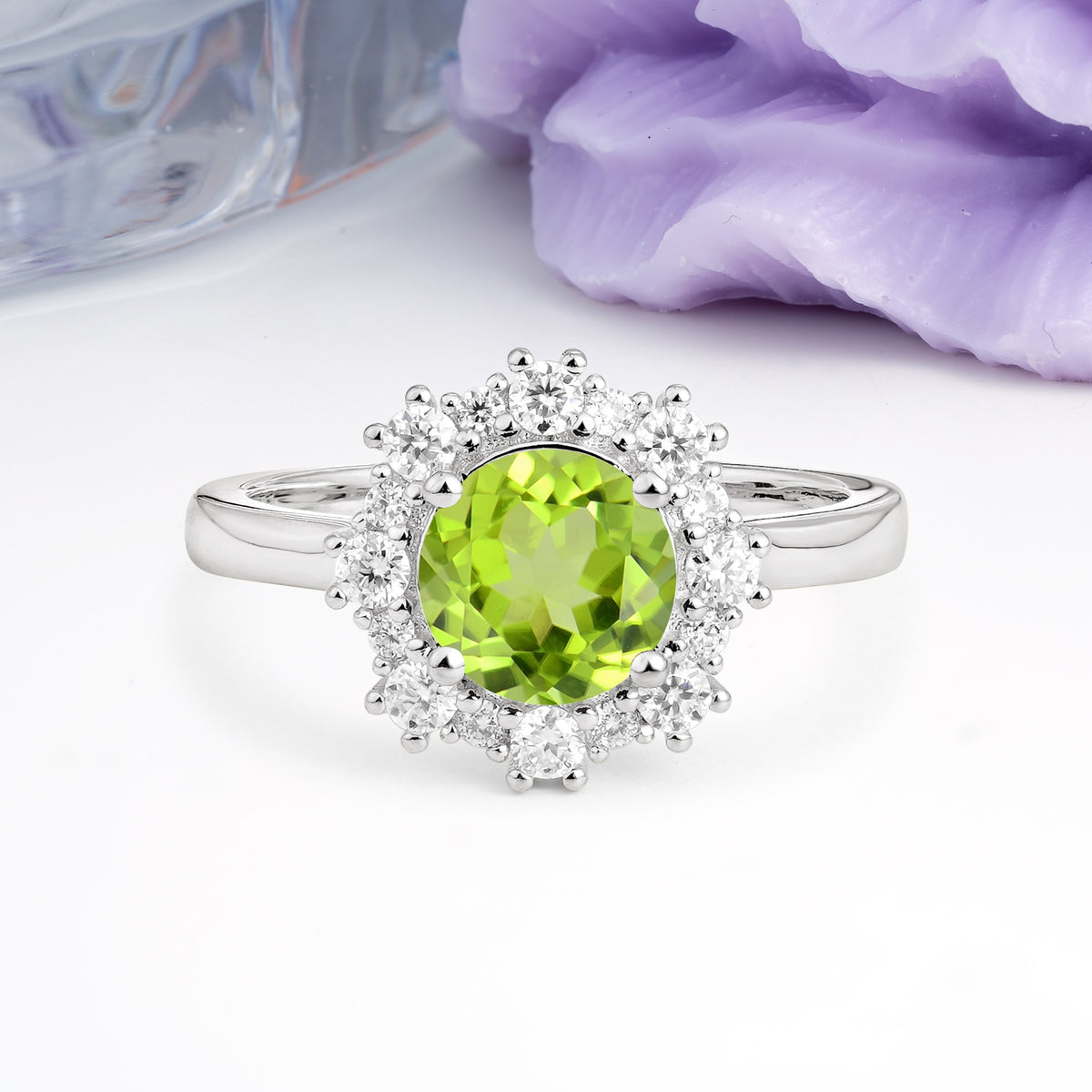 Unique Pavé-Set, Luxurious 4-Prong Round-Cut Peridot Engagement Ring - Additional view
