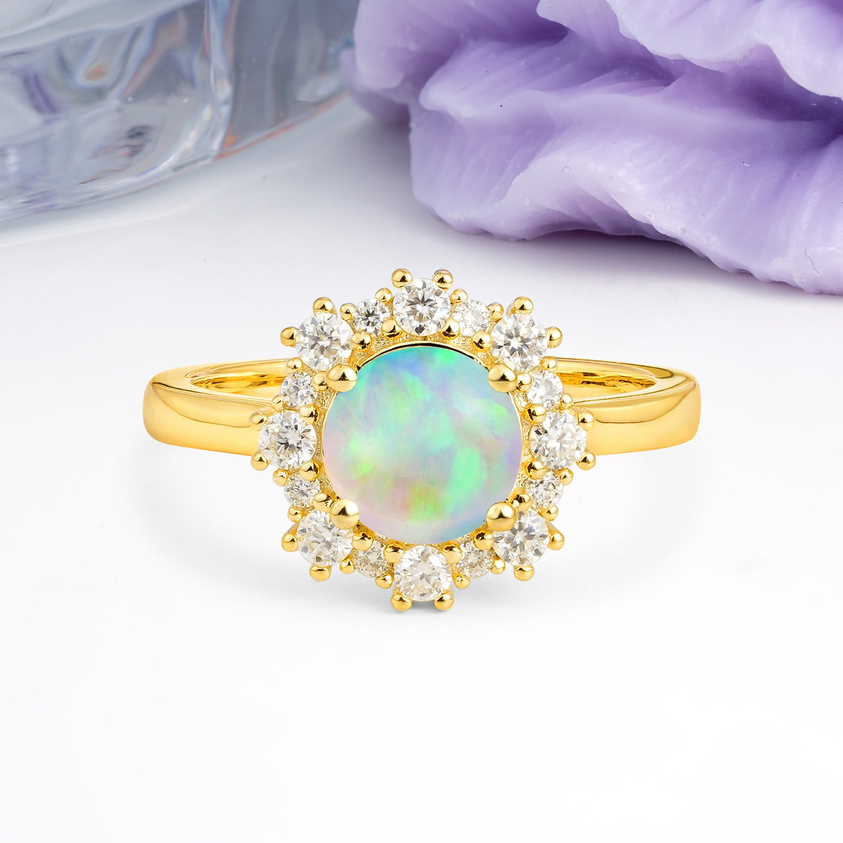 Unique Pavé-Set, Luxurious 4-Prong Round-Cut Fire Opal Engagement Ring - Additional view
