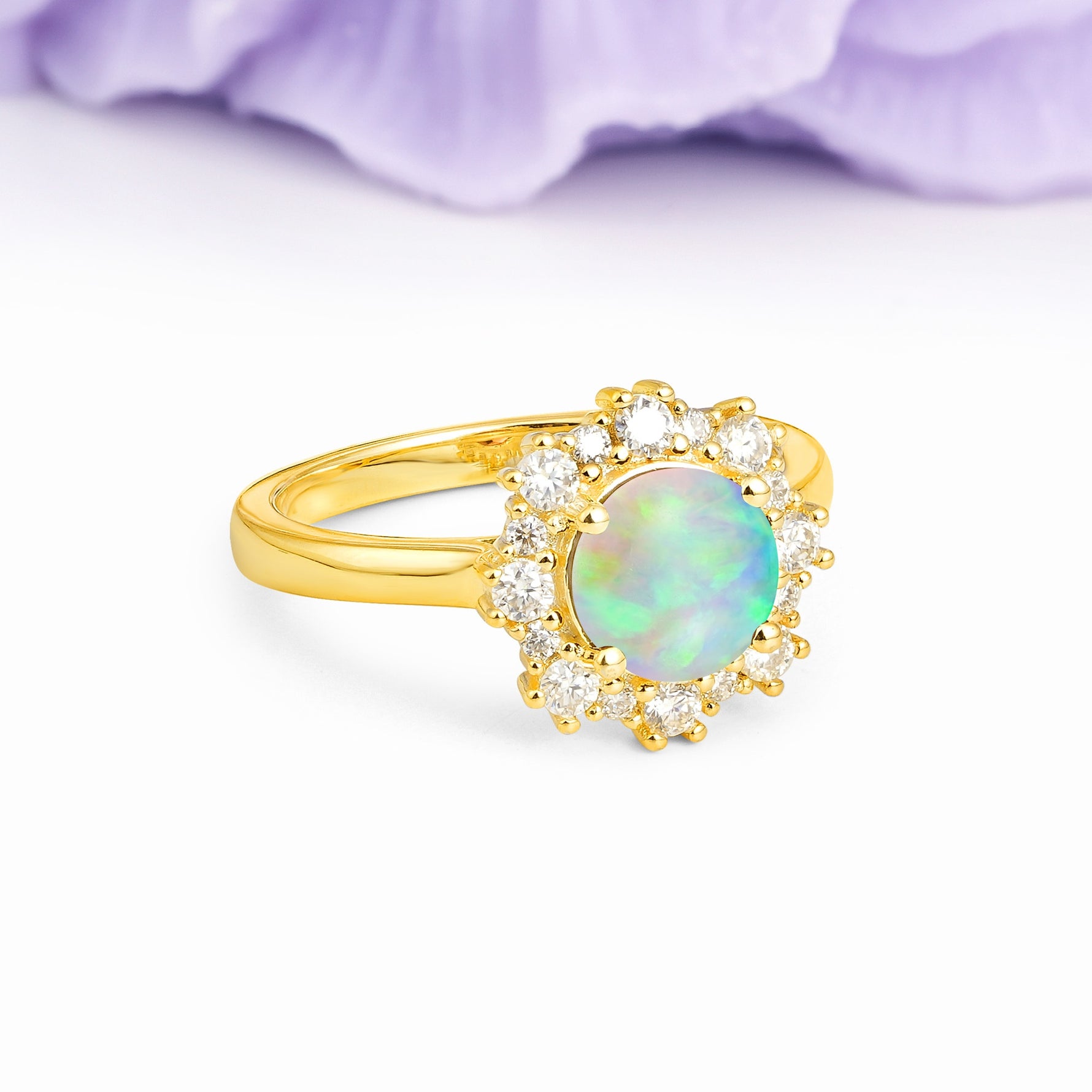 Unique Pavé-Set, Luxurious 4-Prong Round-Cut Fire Opal Engagement Ring - Additional view