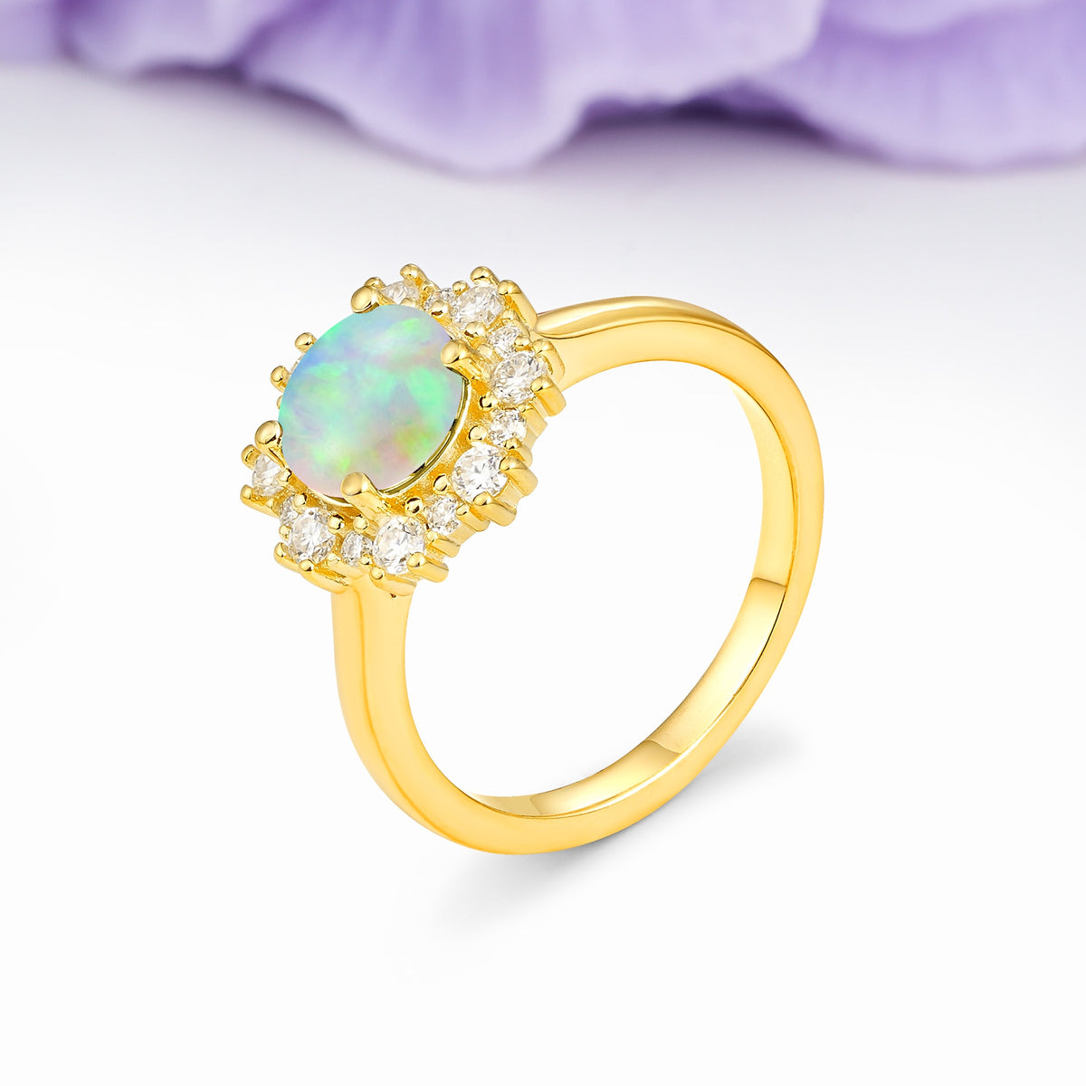 Unique Pavé-Set, Luxurious 4-Prong Round-Cut Fire Opal Engagement Ring - Additional view