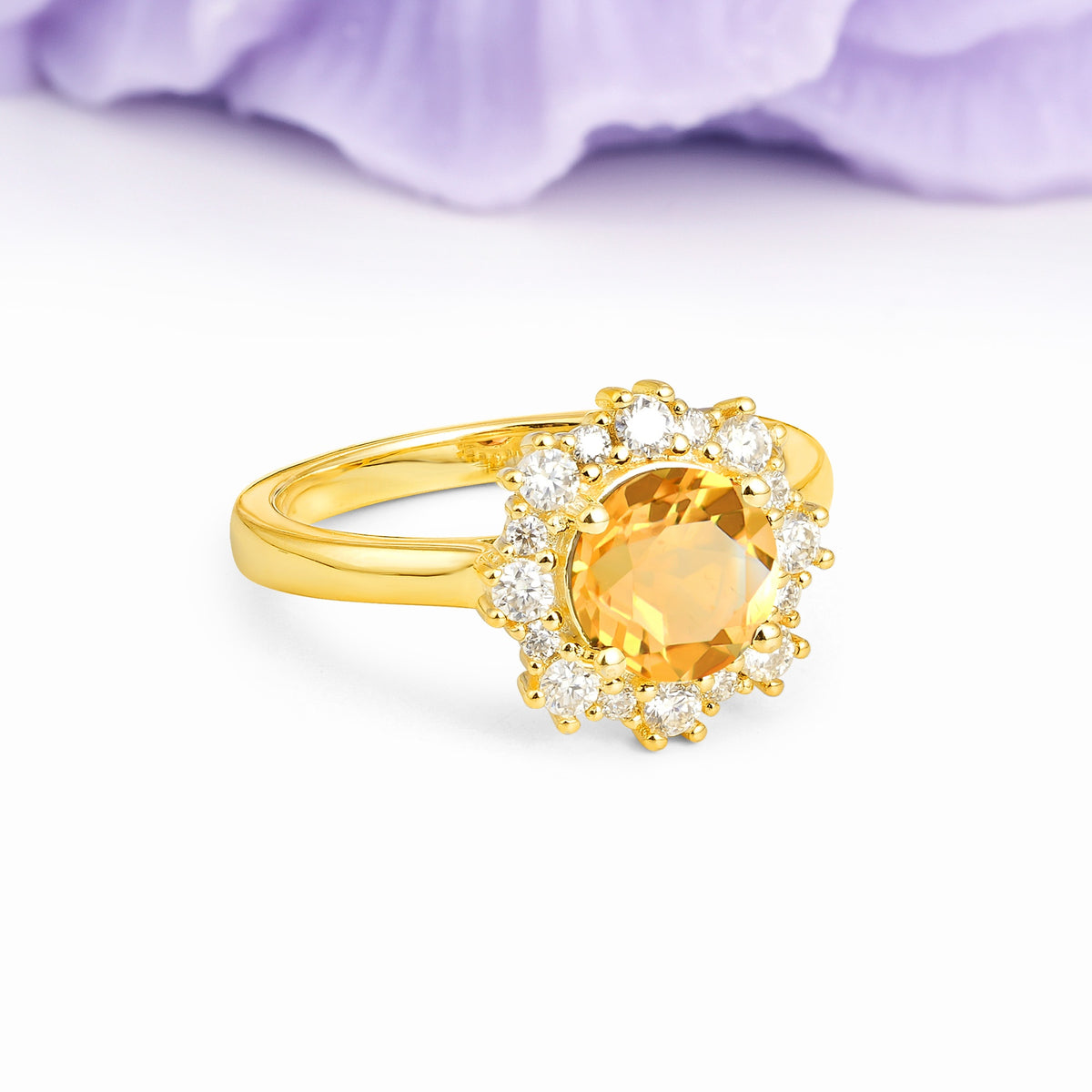 Unique Pavé-Set, Luxurious 4-Prong Round-Cut Citrine Engagement Ring - Additional view