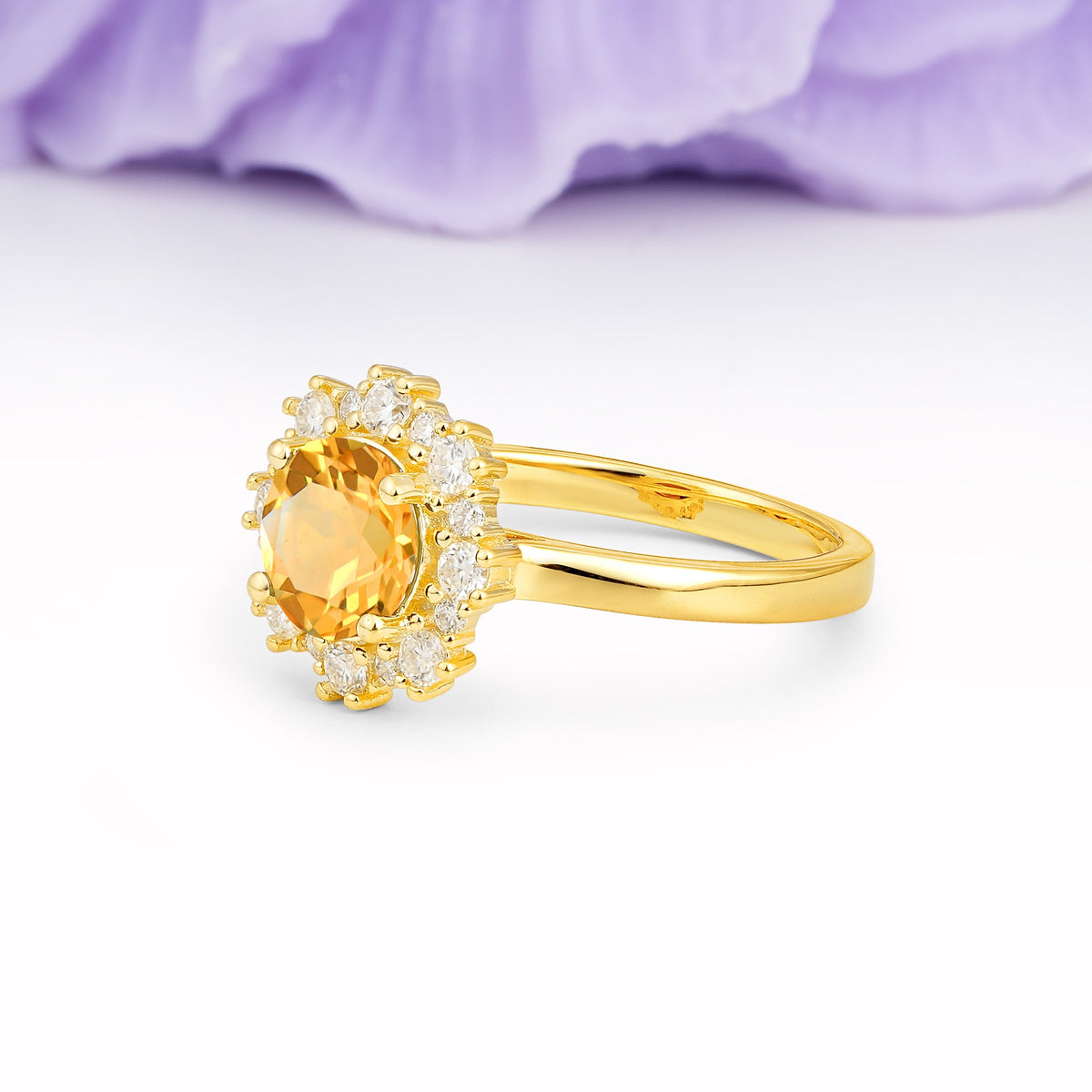 Unique Pavé-Set, Luxurious 4-Prong Round-Cut Citrine Engagement Ring - Additional view