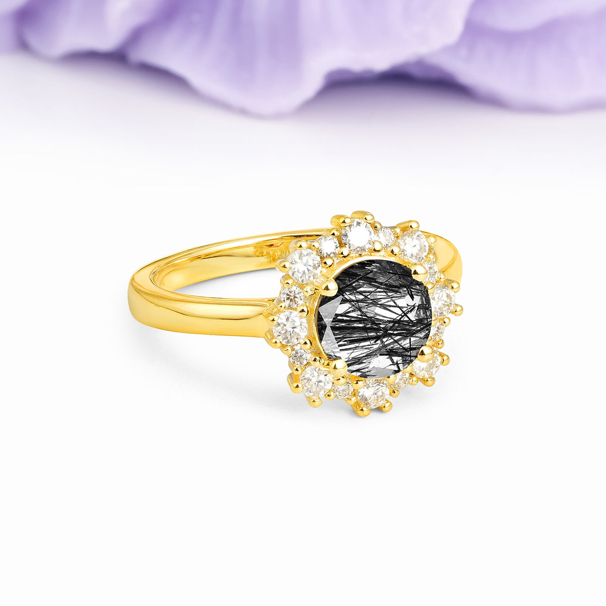 Unique Pavé-Set, Luxurious 4-Prong Round-Cut Black Rutilated Quartz Engagement Ring - Additional view