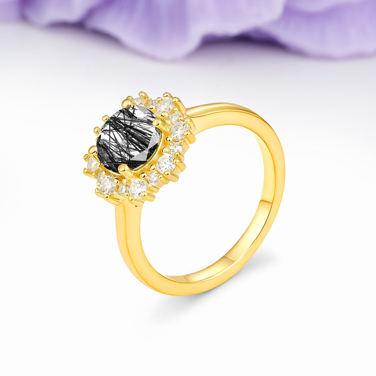 Unique Pavé-Set, Luxurious 4-Prong Round-Cut Black Rutilated Quartz Engagement Ring - Additional view