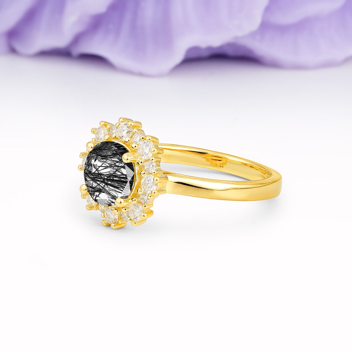 Unique Pavé-Set, Luxurious 4-Prong Round-Cut Black Rutilated Quartz Engagement Ring - Additional view