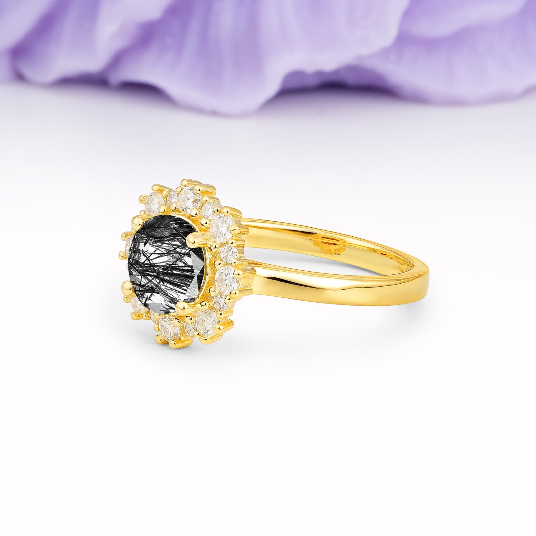 Unique Pavé-Set, Luxurious 4-Prong Round-Cut Black Rutilated Quartz Engagement Ring - Additional view