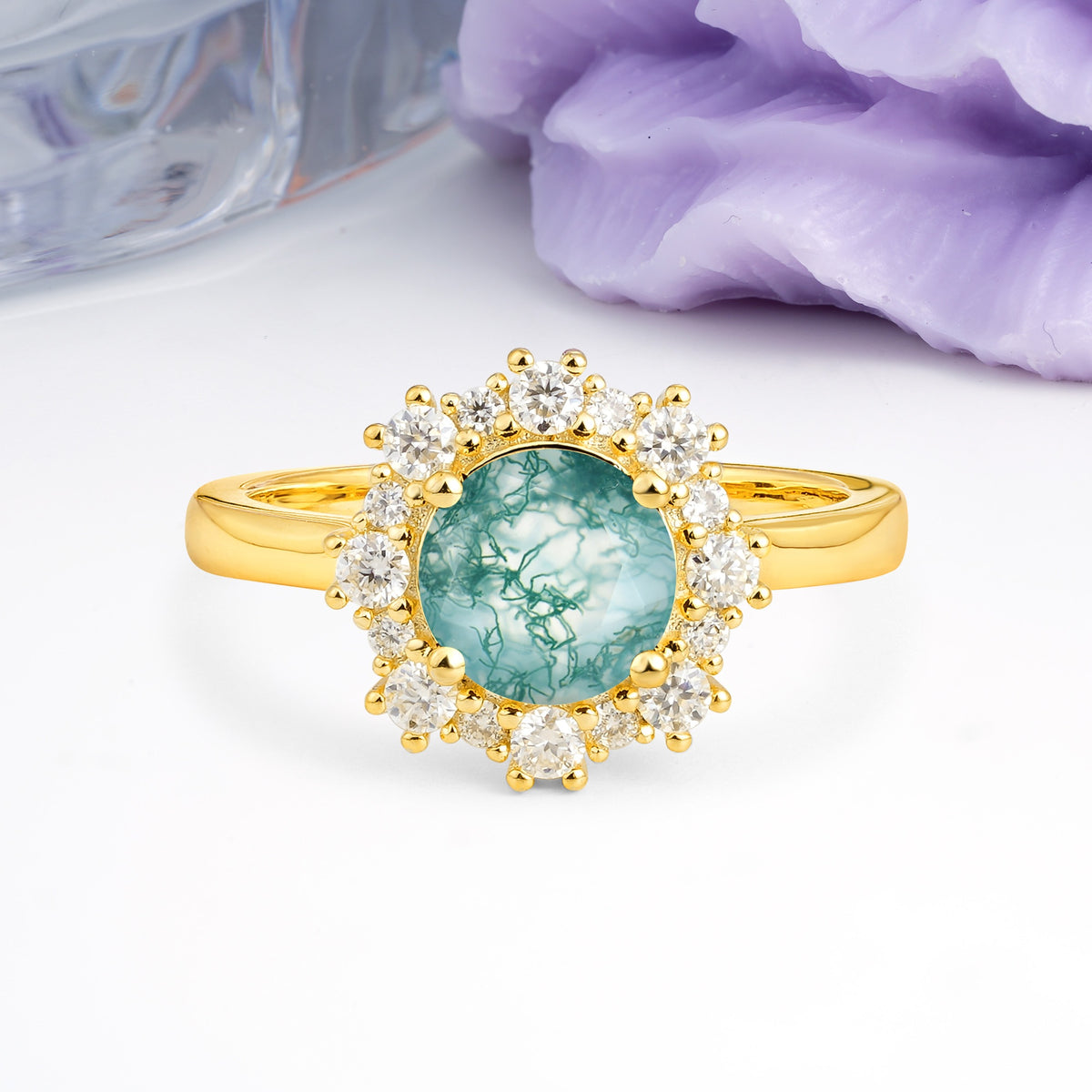 Unique Pavé-Set, Luxurious 4-Prong Round-Cut Moss Agate Engagement Ring - Additional view