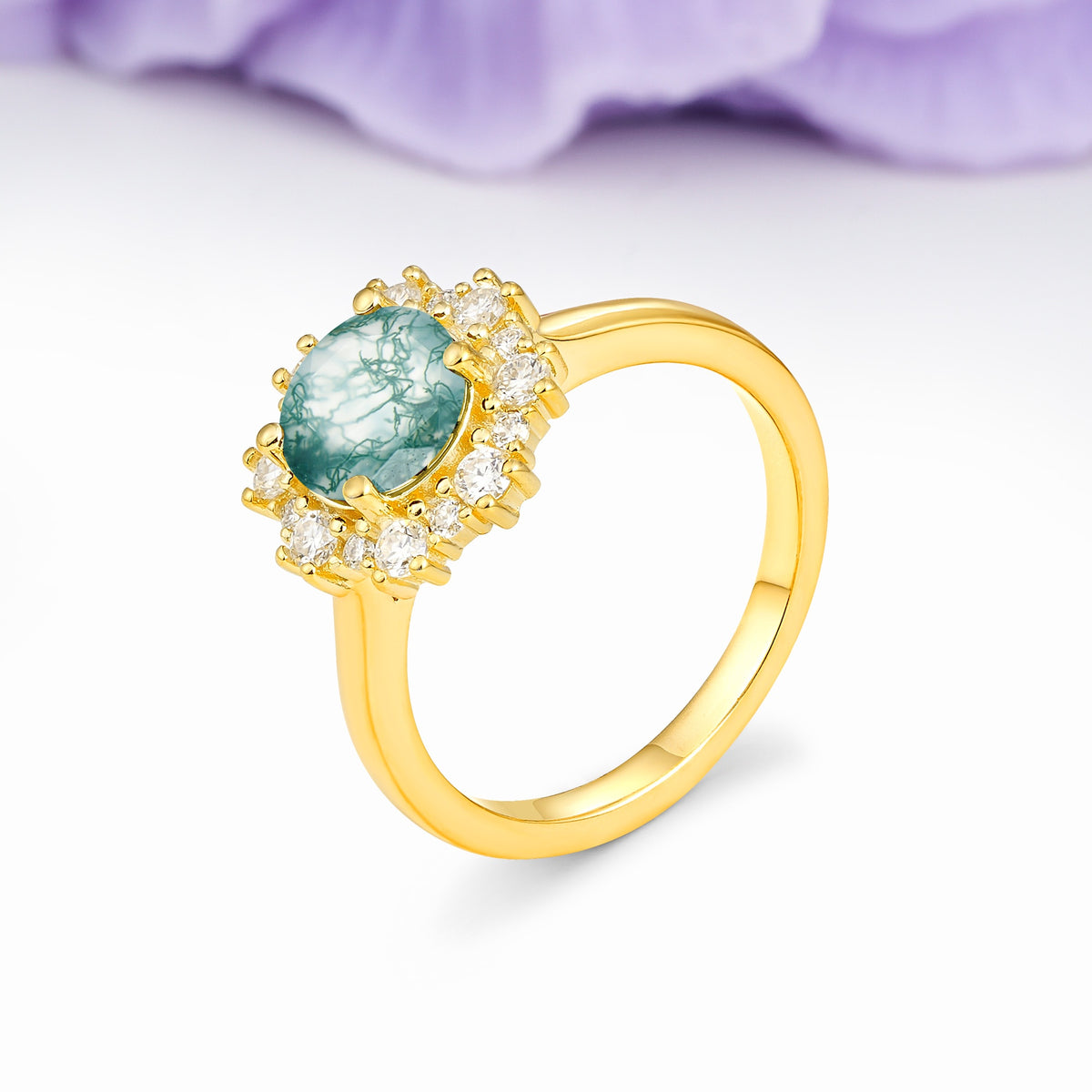 Unique Pavé-Set, Luxurious 4-Prong Round-Cut Moss Agate Engagement Ring - Additional view