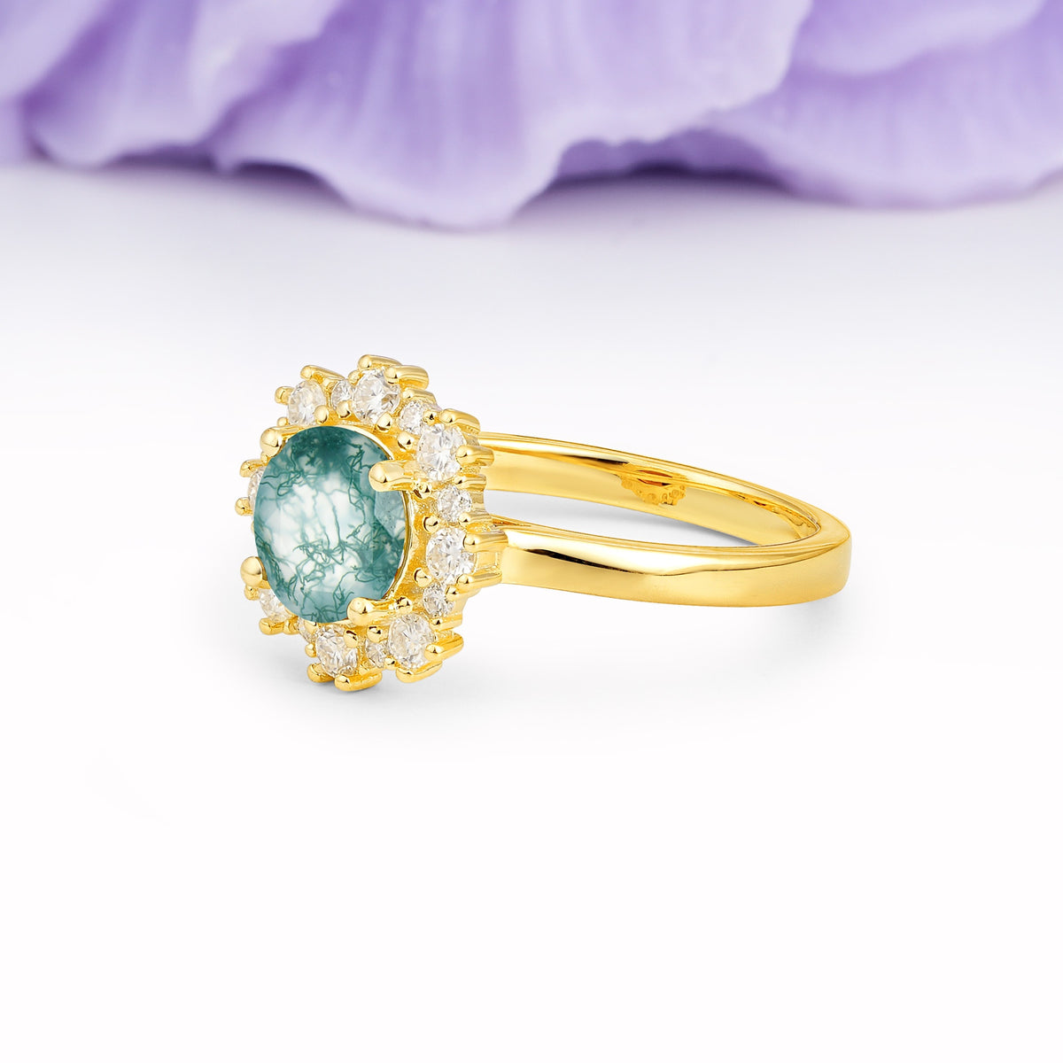 Unique Pavé-Set, Luxurious 4-Prong Round-Cut Moss Agate Engagement Ring - Additional view
