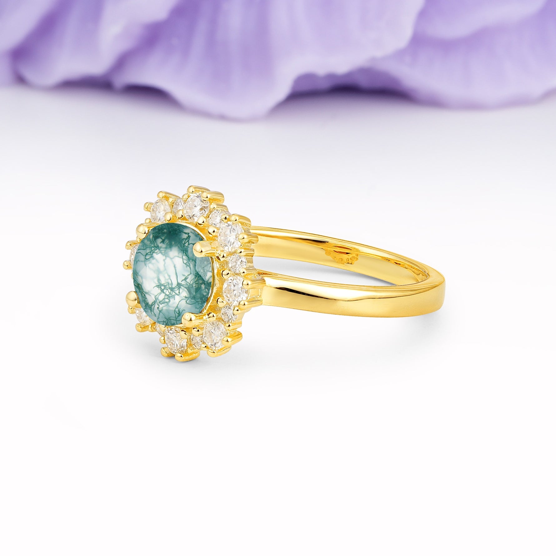 Unique Pavé-Set, Luxurious 4-Prong Round-Cut Moss Agate Engagement Ring - Additional view