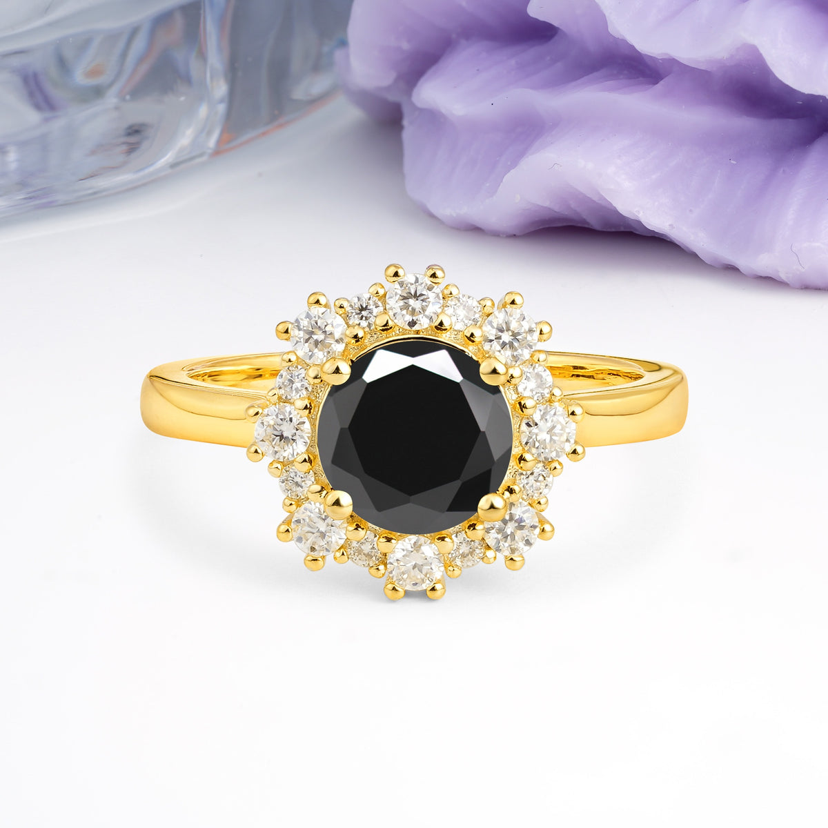 Unique Pavé-Set, Luxurious 4-Prong Round-Cut Black Onyx Engagement Ring - Additional view