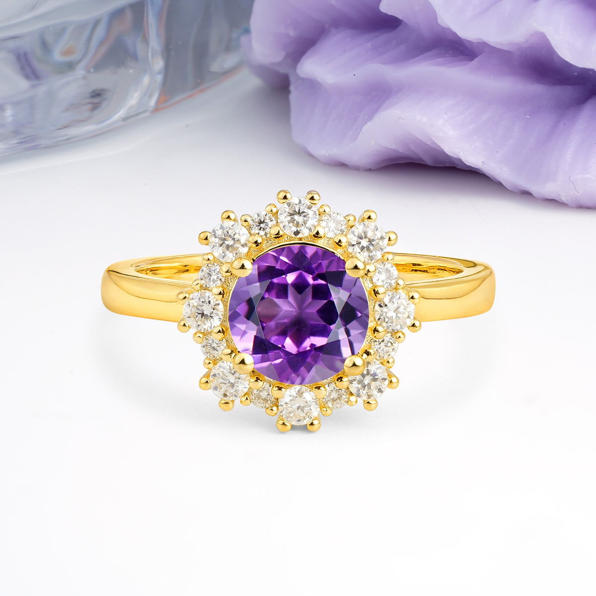 Unique Pavé-Set, Luxurious 4-Prong Round-Cut Amethyst Engagement Ring - Additional view