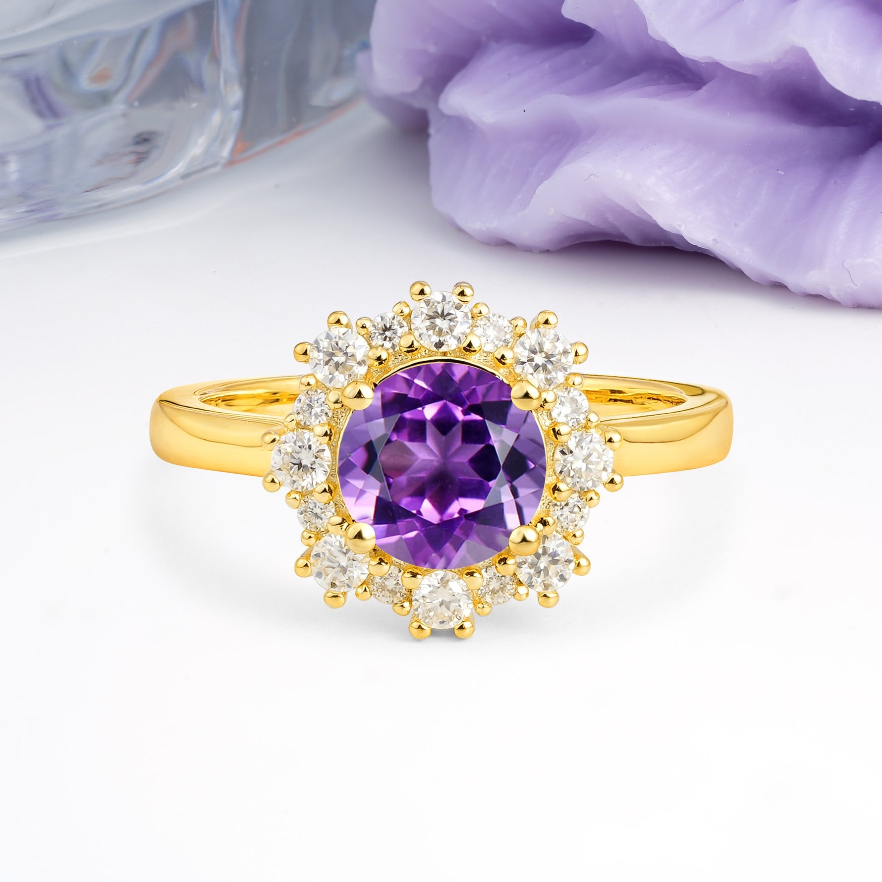 Unique Pavé-Set, Luxurious 4-Prong Round-Cut Amethyst Engagement Ring - Additional view