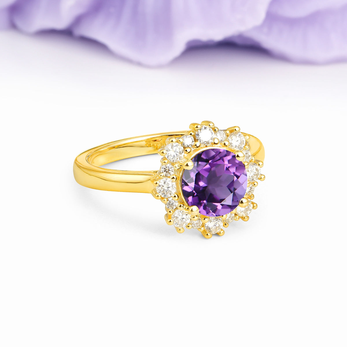 Unique Pavé-Set, Luxurious 4-Prong Round-Cut Amethyst Engagement Ring - Additional view