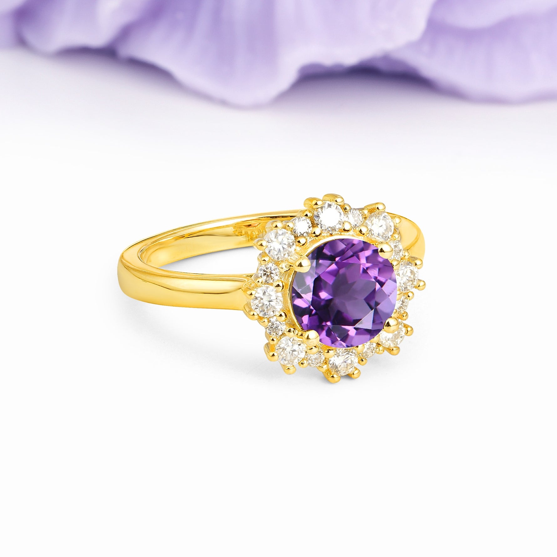 Unique Pavé-Set, Luxurious 4-Prong Round-Cut Amethyst Engagement Ring - Additional view