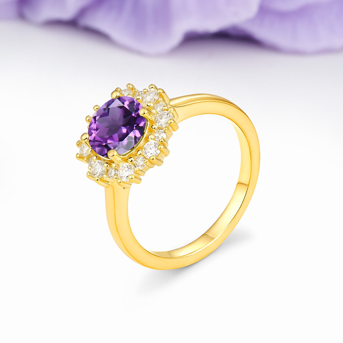 Unique Pavé-Set, Luxurious 4-Prong Round-Cut Amethyst Engagement Ring - Additional view