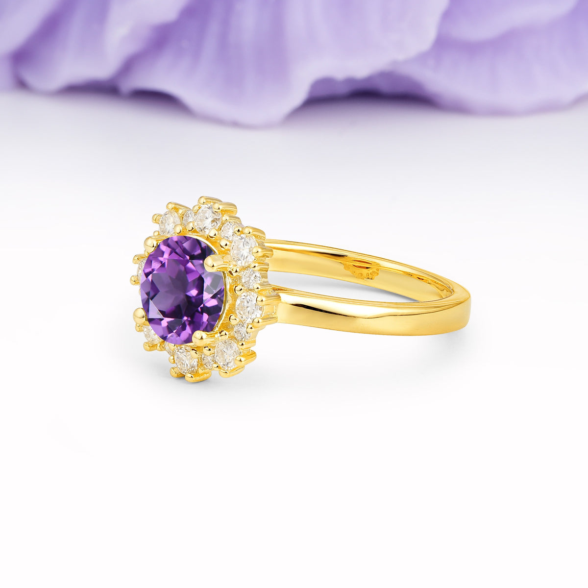Unique Pavé-Set, Luxurious 4-Prong Round-Cut Amethyst Engagement Ring - Additional view