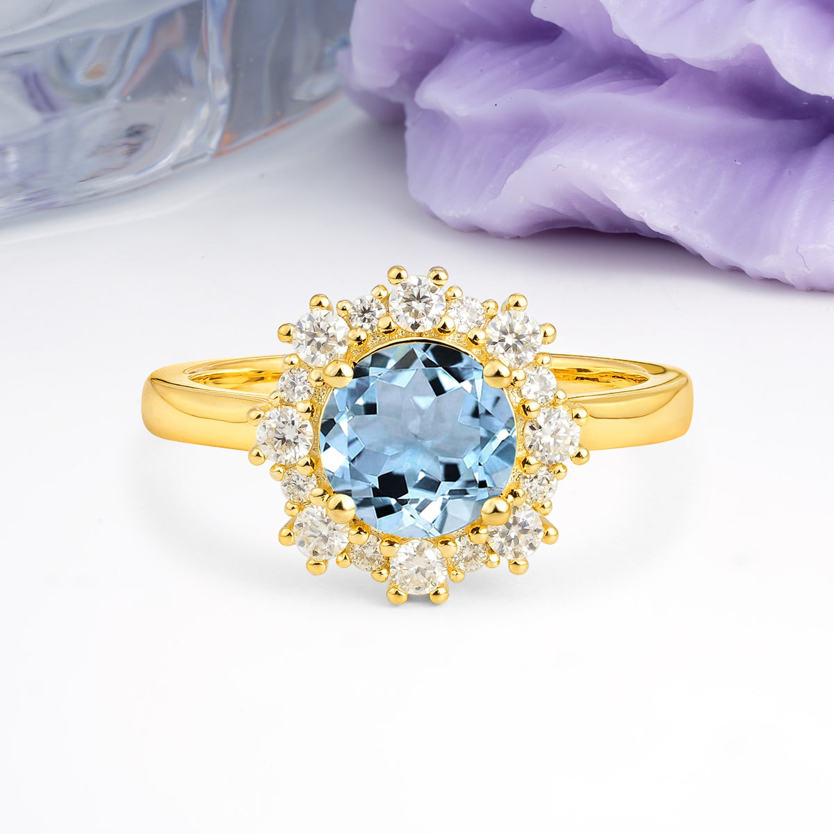 Unique Pavé-Set, Luxurious 4-Prong Round-Cut Aquamarine Engagement Ring - Additional view