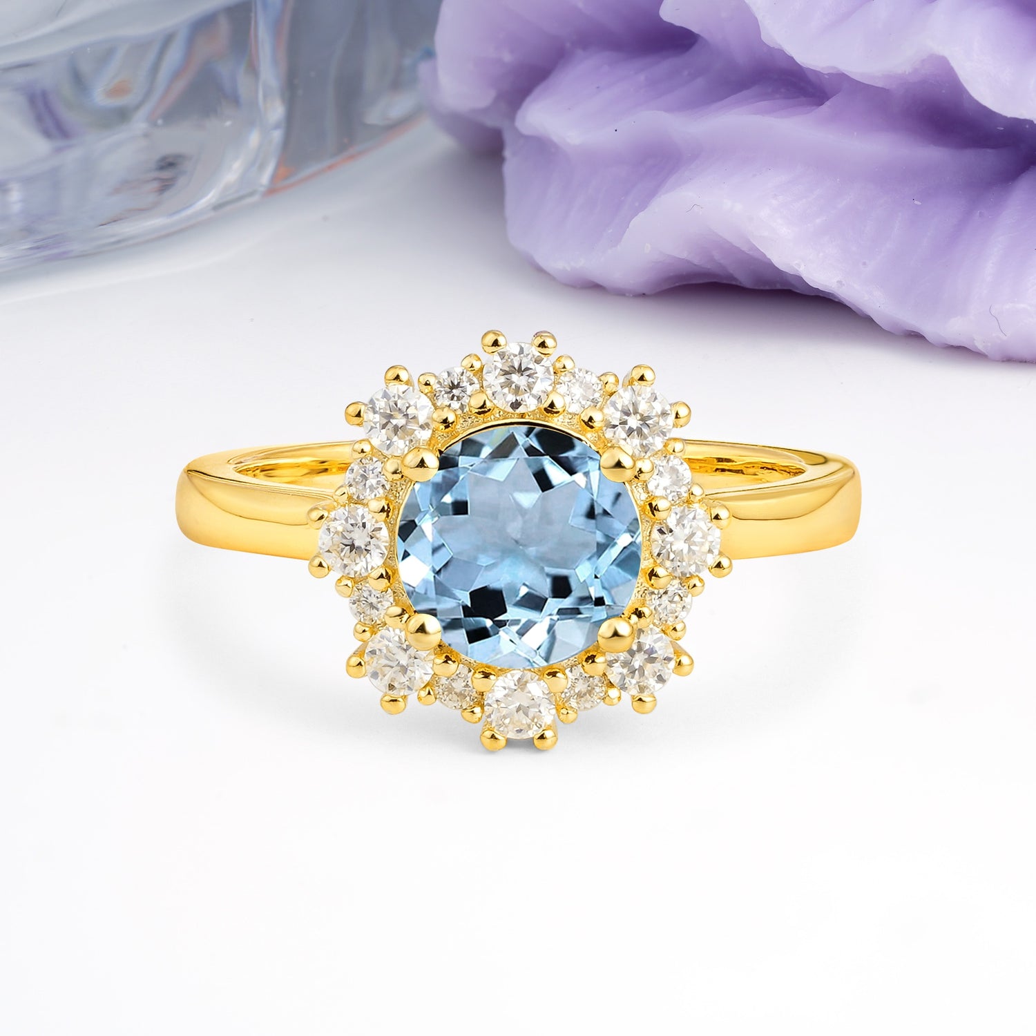 Unique Pavé-Set, Luxurious 4-Prong Round-Cut Aquamarine Engagement Ring - Additional view