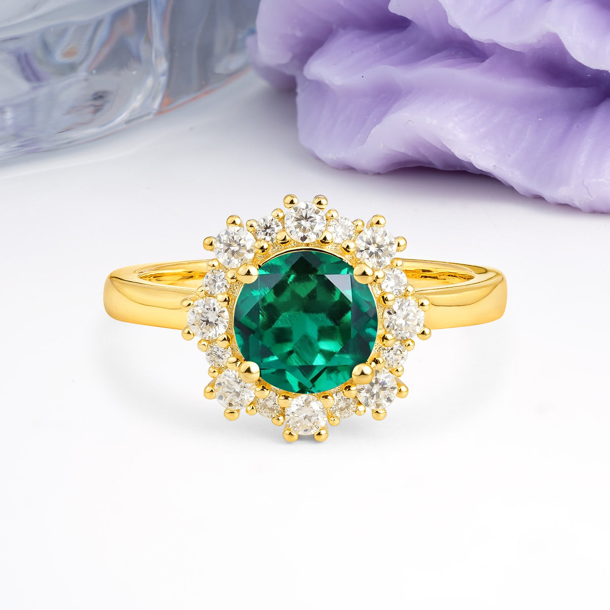 Unique Pavé-Set, Luxurious 4-Prong Round-Cut Emerald Engagement Ring - Additional view
