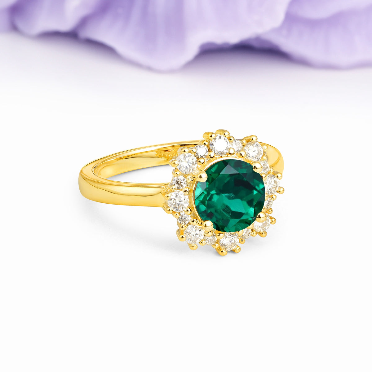 Unique Pavé-Set, Luxurious 4-Prong Round-Cut Emerald Engagement Ring - Additional view