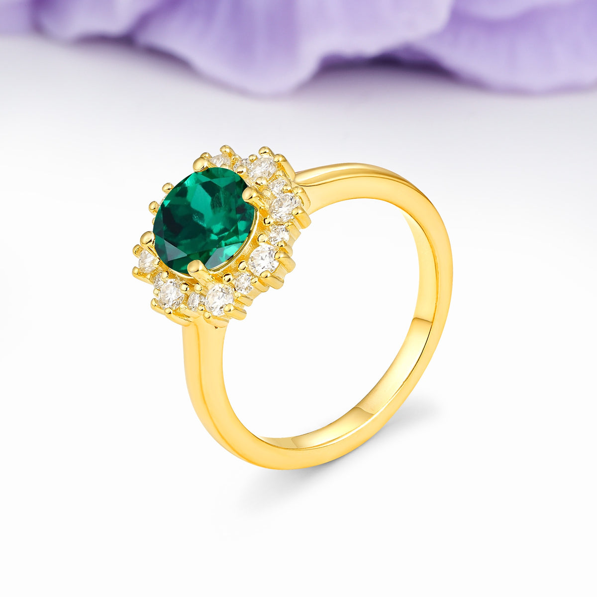 Unique Pavé-Set, Luxurious 4-Prong Round-Cut Emerald Engagement Ring - Additional view