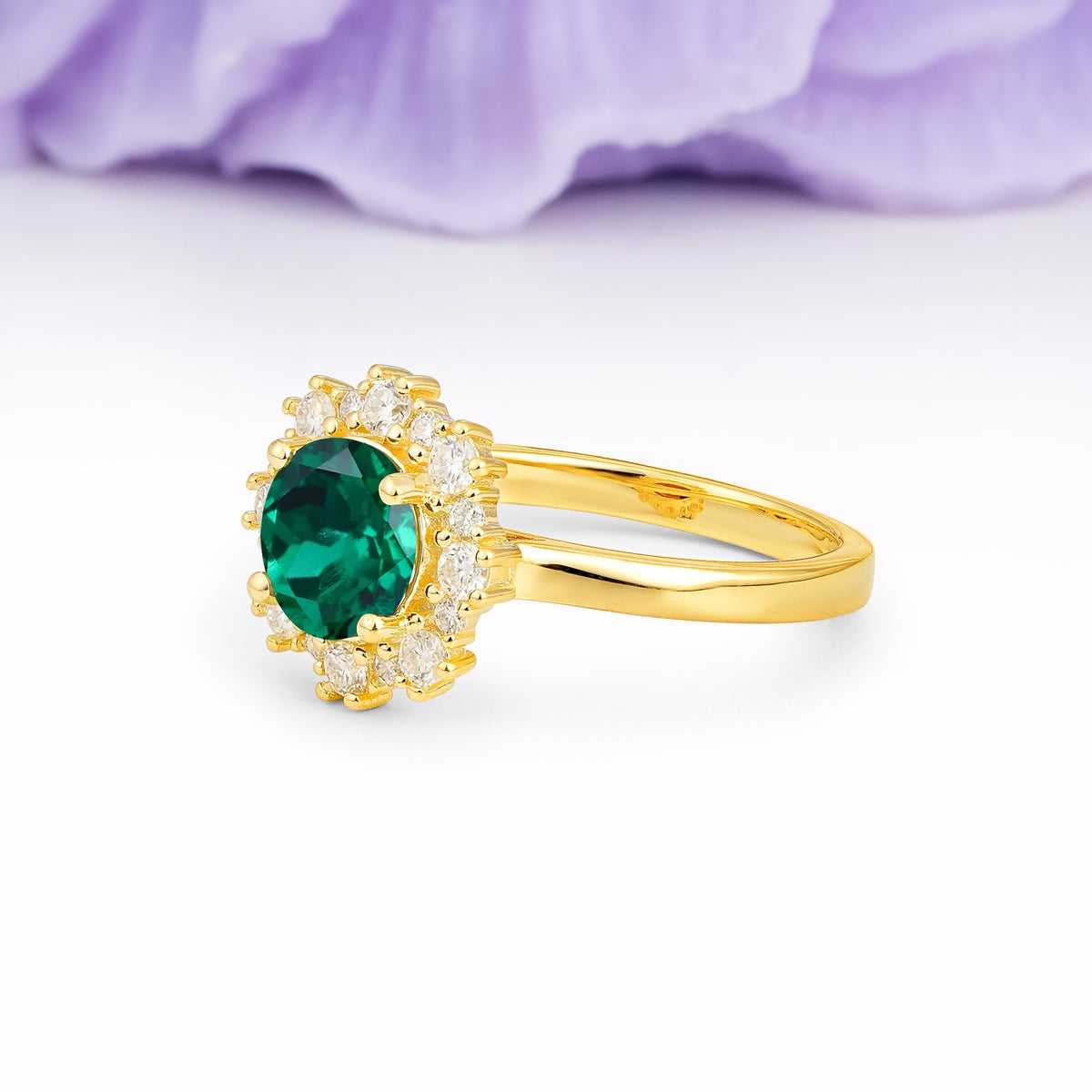 Unique Pavé-Set, Luxurious 4-Prong Round-Cut Emerald Engagement Ring - Additional view
