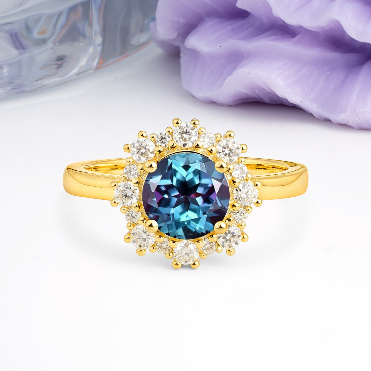 Unique Pavé-Set, Luxurious 4-Prong Round-Cut Alexandrite Engagement Ring - Additional view