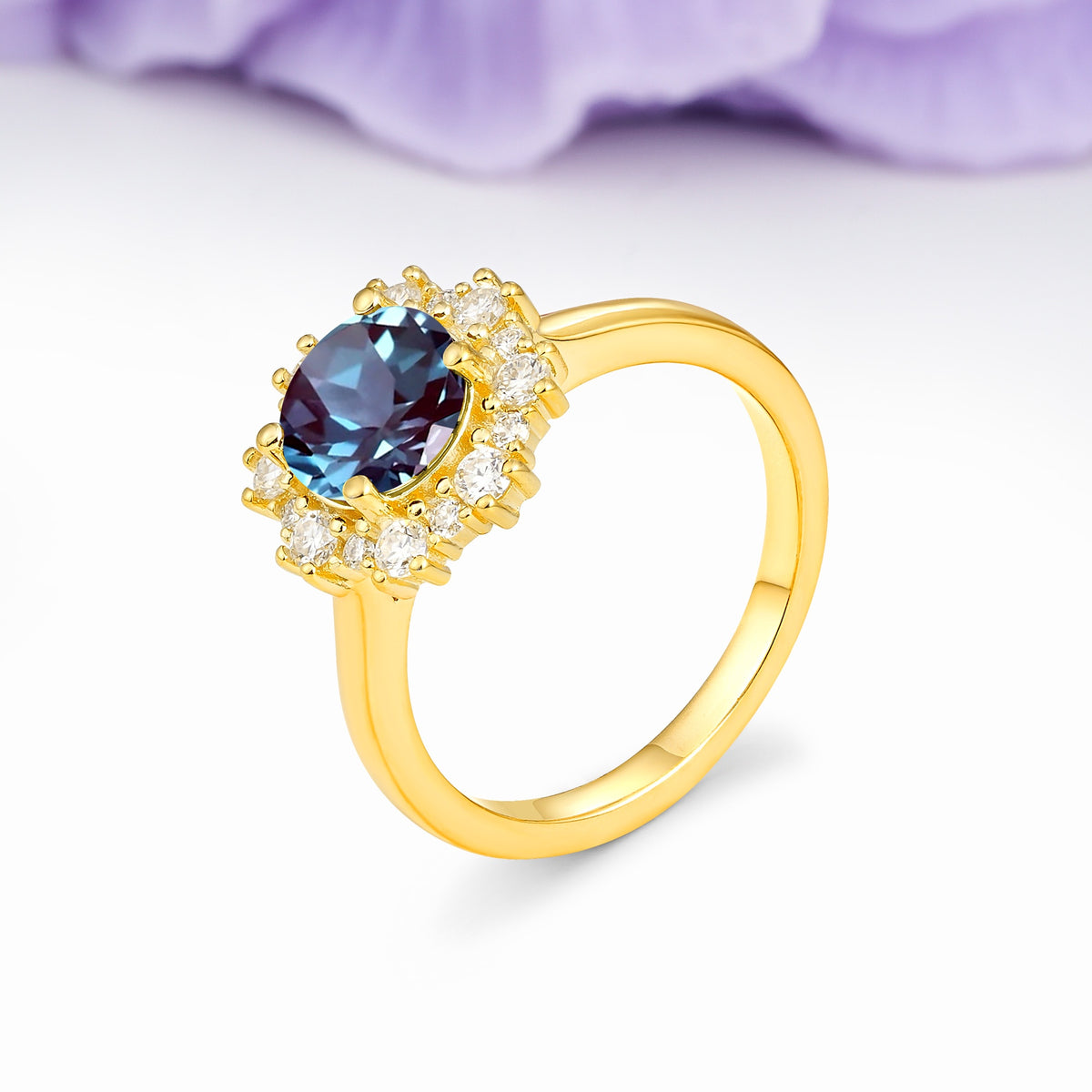 Unique Pavé-Set, Luxurious 4-Prong Round-Cut Alexandrite Engagement Ring - Additional view