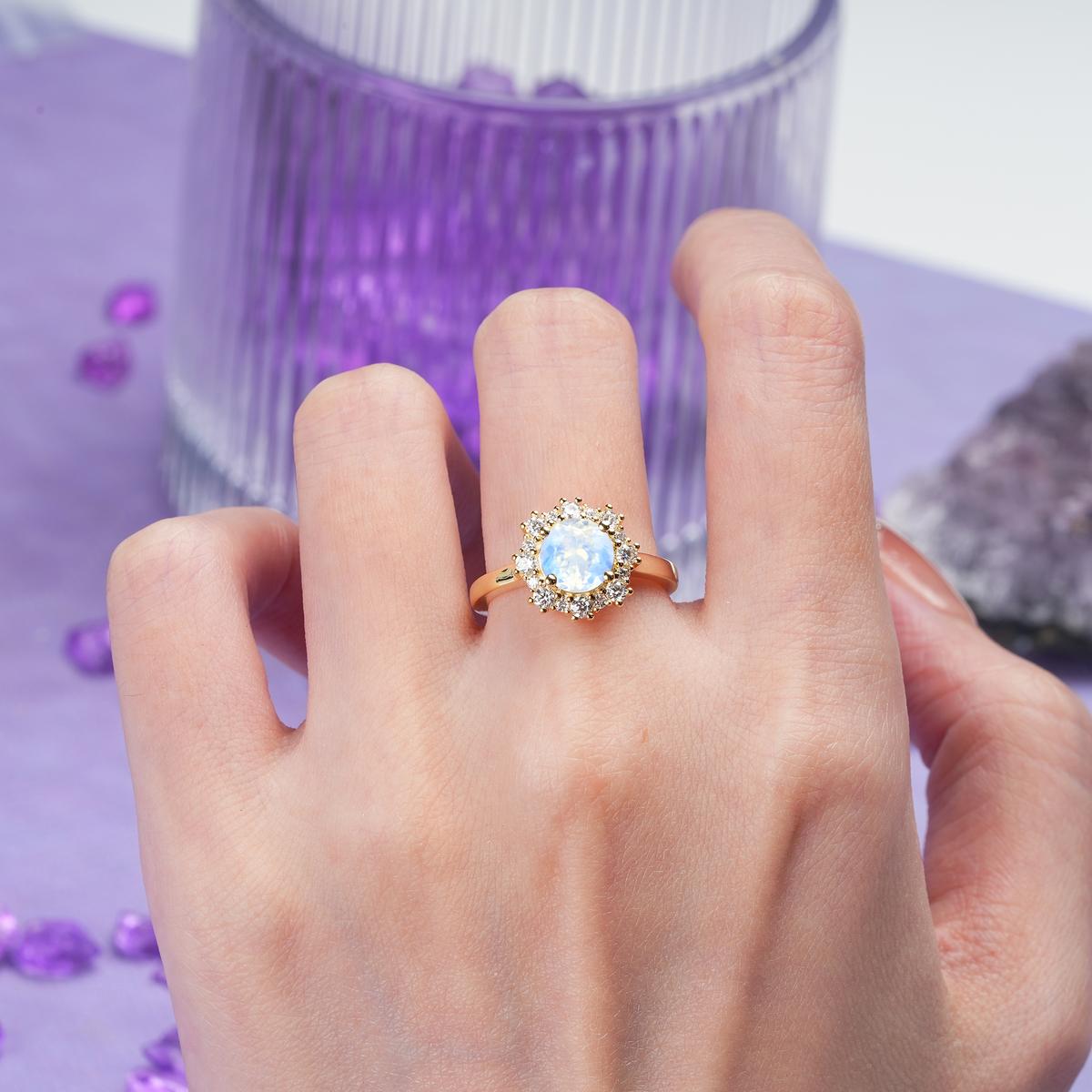 Unique Pavé-Set, Luxurious 4-Prong Round-Cut Moonstone Engagement Ring