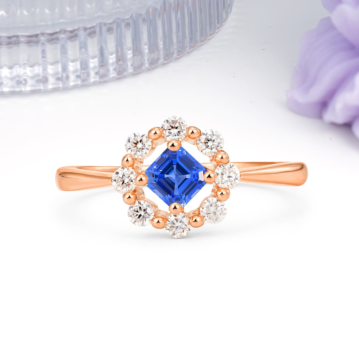 Dainty Plain Polished Band Radiant Flower Halo Princess Cut Sapphire Engagement Ring - Additional view