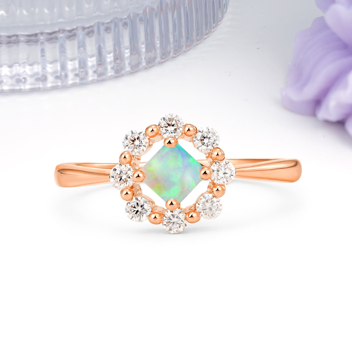 Dainty Plain Polished Band Radiant Flower Halo Princess Cut Fire Opal Engagement Ring - Additional view