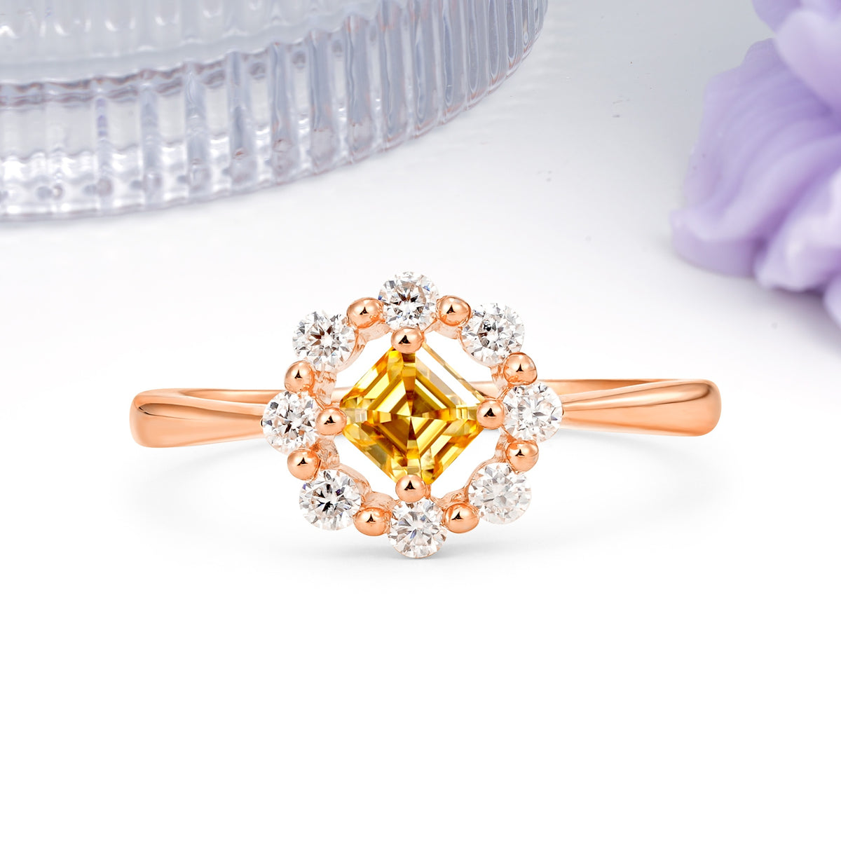 Dainty Plain Polished Band Radiant Flower Halo Princess Cut Citrine Engagement Ring - Additional view