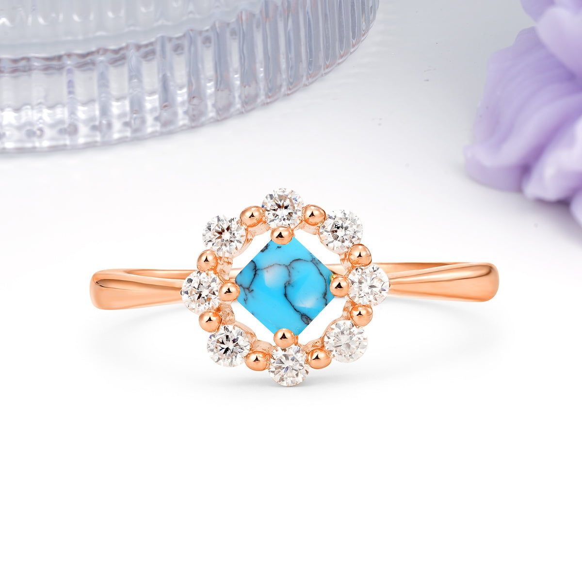 Dainty Plain Polished Band Radiant Flower Halo Princess Cut Turquoise Engagement Ring - Additional view