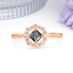 Dainty Plain Polished Band Radiant Flower Halo Princess Cut Black Rutilated Quartz Engagement Ring - Additional view