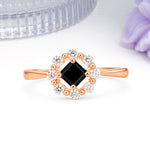 Dainty Plain Polished Band Radiant Flower Halo Princess Cut Black Onyx Engagement Ring - Additional view