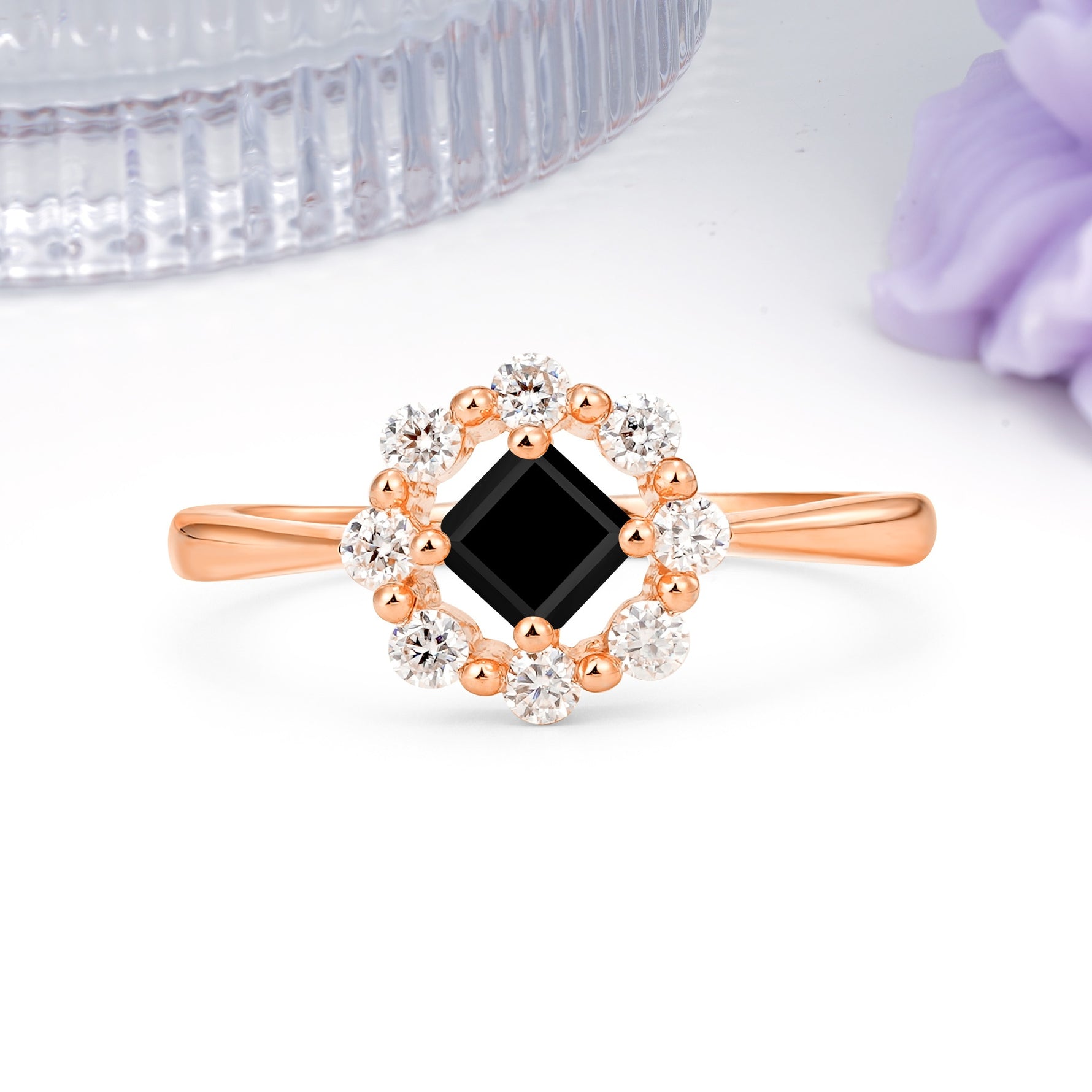 Dainty Plain Polished Band Radiant Flower Halo Princess Cut Black Onyx Engagement Ring - Additional view