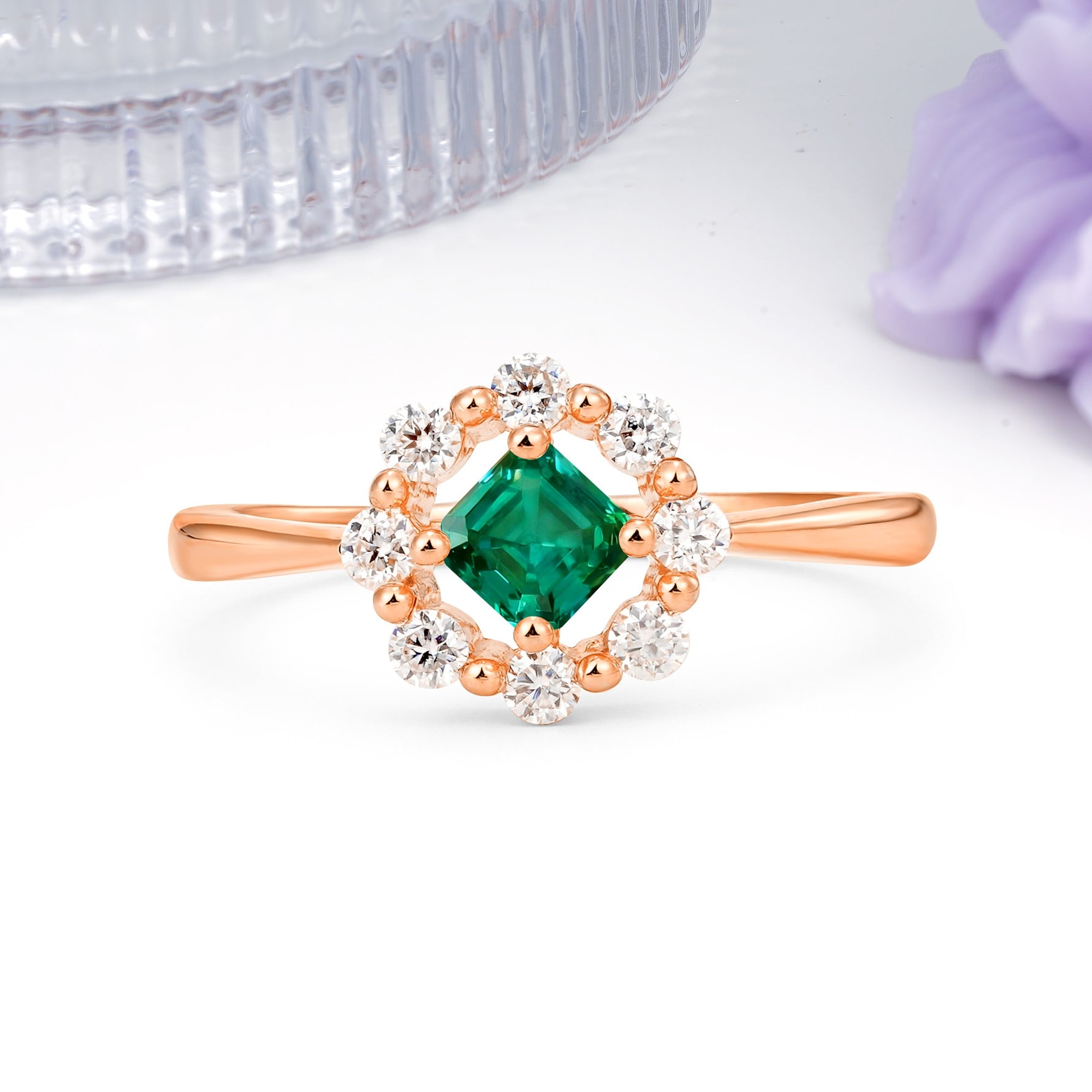 Dainty Plain Polished Band Radiant Flower Halo Princess Cut Emerald Engagement Ring - Additional view