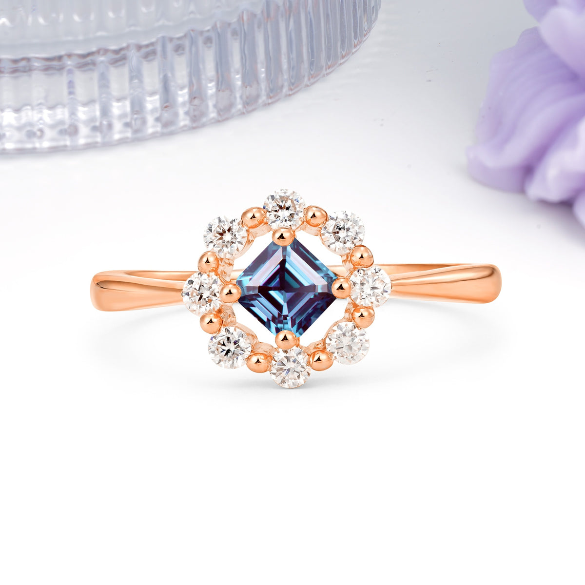 Dainty Plain Polished Band Radiant Flower Halo Princess Cut Alexandrite Engagement Ring - Additional view