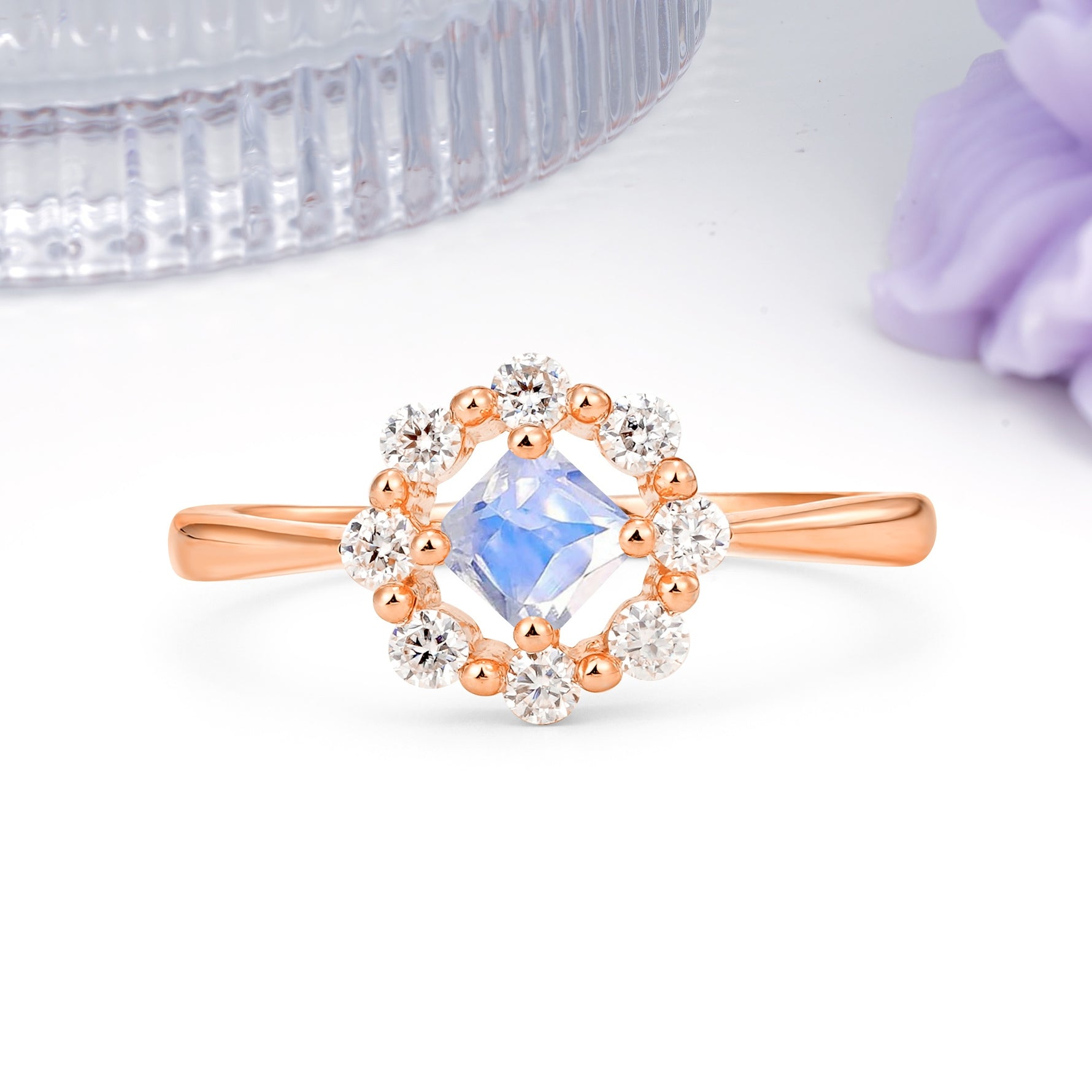 Dainty Plain Polished Band Radiant Flower Halo Princess Cut Moonstone Engagement Ring - Additional view