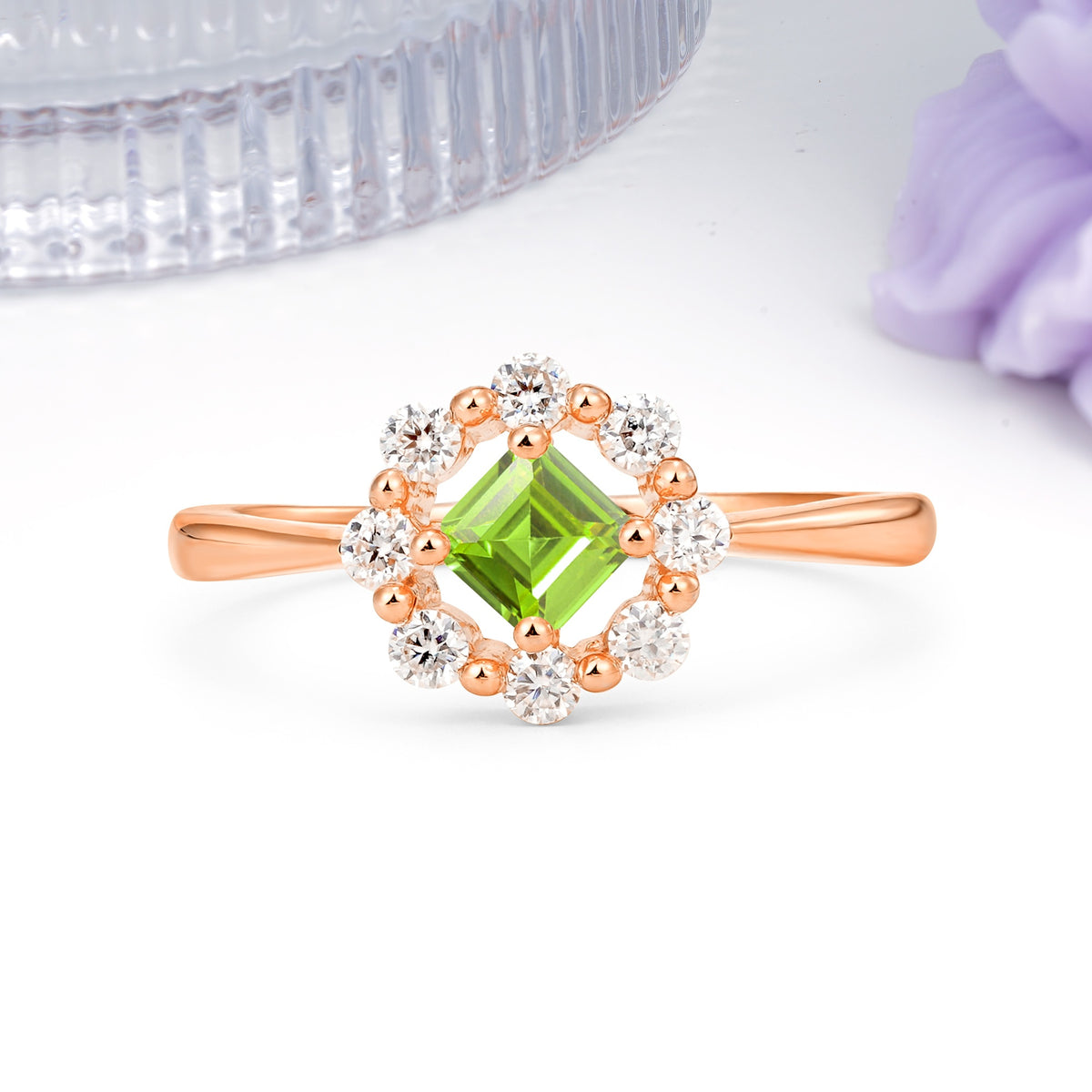 Dainty Plain Polished Band Radiant Flower Halo Princess Cut Peridot Engagement Ring - Additional view
