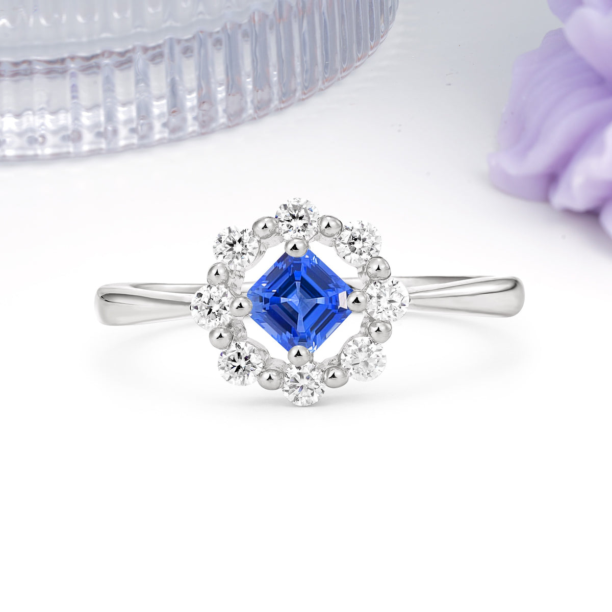 Dainty Plain Polished Band Radiant Flower Halo Princess Cut Sapphire Engagement Ring - Additional view