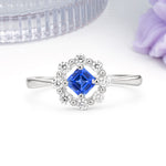 Dainty Plain Polished Band Radiant Flower Halo Princess Cut Sapphire Engagement Ring - Additional view