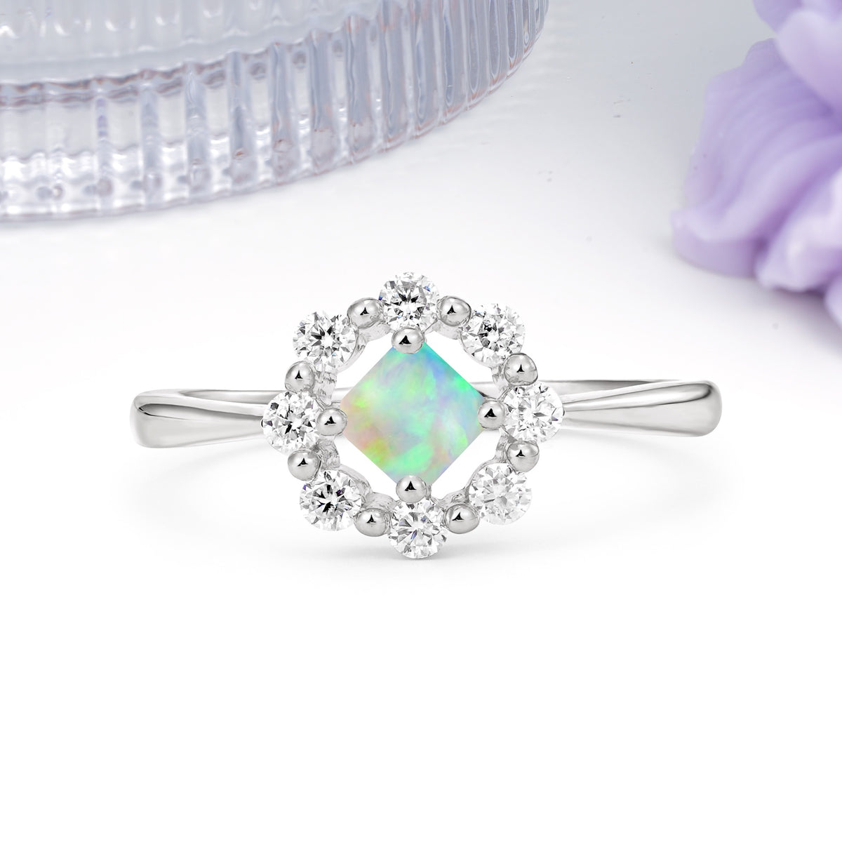 Dainty Plain Polished Band Radiant Flower Halo Princess Cut Fire Opal Engagement Ring - Additional view
