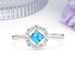 Dainty Plain Polished Band Radiant Flower Halo Princess Cut Turquoise Engagement Ring - Additional view