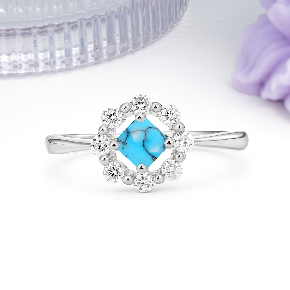 Dainty Plain Polished Band Radiant Flower Halo Princess Cut Turquoise Engagement Ring - Additional view