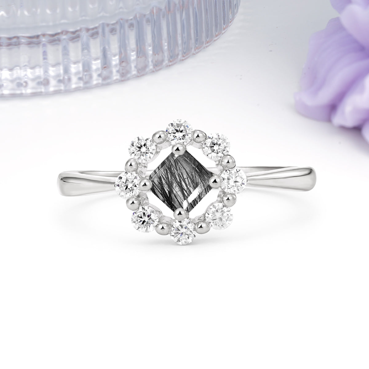 Dainty Plain Polished Band Radiant Flower Halo Princess Cut Black Rutilated Quartz Engagement Ring - Additional view