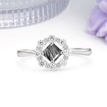 Dainty Plain Polished Band Radiant Flower Halo Princess Cut Black Rutilated Quartz Engagement Ring - Additional view