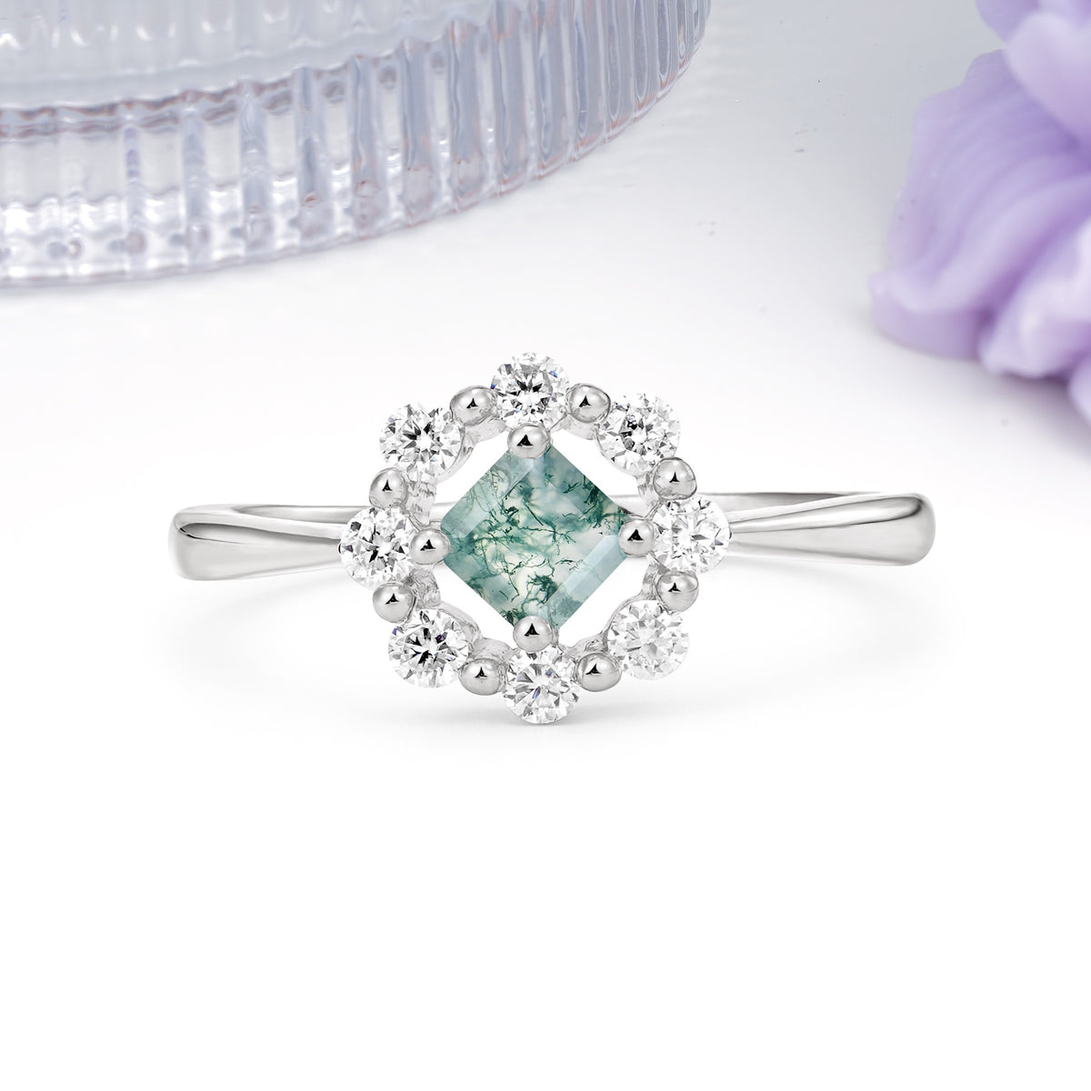 Dainty Plain Polished Band Radiant Flower Halo Princess Cut Moss Agate Engagement Ring - Additional view